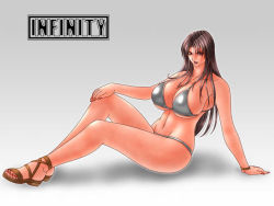 Rule 34 | 1girl, arm support, bikini, bracelet, breasts, brown eyes, brown hair, cleavage, curvy, female focus, full body, gradient background, infinity symbol, jewelry, large breasts, long hair, mature female, nail polish, nipples, sitting, solo, swimsuit, thong