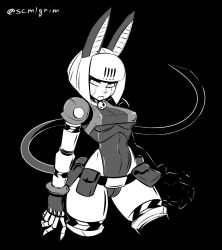 Rule 34 | 1girl, android, belt pouch, black background, breasts, cat girl, collar, cropped legs, highres, looking at viewer, medium breasts, neck bell, pouch, robo-fortune, semlgrim, skullgirls, solo, underboob
