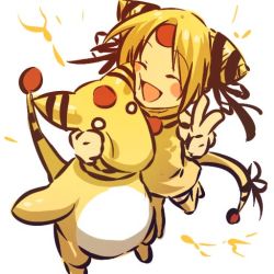 Rule 34 | 1990s (style), 1girl, ampharos, blonde hair, blush stickers, bow, cheek press, closed eyes, creatures (company), dress, electricity, game freak, gen 2 pokemon, hitec, moemon, nintendo, o o, open mouth, personification, pokemon, pokemon (creature), pokemon gsc, retro artstyle, tail, tail bow, tail ornament, thighhighs, v