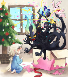 Rule 34 | &gt; &lt;, 1girl, :d, black skin, blonde hair, blue pajamas, blue ribbon, blush, bow, box, child, christmas, christmas ornaments, christmas tree, colored sclera, colored skin, crying, extra arms, closed eyes, from side, full body, gift, gift box, gloom (expression), hair between eyes, holding, holding gift, horns, indoors, long hair, low-tied long hair, monster, no pupils, nose blush, open mouth, original, pajamas, party popper, pointy ears, red bow, red ribbon, ribbon, sharp teeth, sitting, smile, solid circle eyes, star (symbol), stuffed animal, stuffed rabbit, stuffed toy, sweat, teeth, twitter username, window, yamanobe saya, yellow sclera