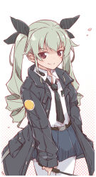 Rule 34 | 1girl, anchovy (girls und panzer), anzio school uniform, artist name, belt, black belt, black coat, black necktie, black ribbon, blue skirt, closed mouth, coat, commentary, cowboy shot, dress shirt, drill hair, emblem, girls und panzer, green hair, hair ribbon, holding riding crop, long hair, long sleeves, looking at viewer, loose necktie, miniskirt, necktie, open clothes, open coat, pantyhose, pleated skirt, red eyes, ribbon, riding crop, school uniform, shirt, skirt, smile, solo, standing, twin drills, twintails, vri (tinder box), white background, white pantyhose, white shirt, wing collar
