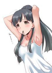 Rule 34 | 1girl, armpits, arms up, breasts, brown eyes, camisole, cleavage, collarbone, grey hair, hair tie, idolmaster, idolmaster cinderella girls, kobayakawa sae, long hair, mouth hold, ponytail, simple background, small breasts, solo, tying hair, upper body, white background, youhei (testament)