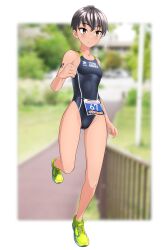 Rule 34 | 1girl, absurdres, black hair, black one-piece swimsuit, blurry, blurry background, breasts, brown eyes, clothes writing, commentary request, competition swimsuit, covered navel, full body, green footwear, highleg, highleg one-piece swimsuit, highres, multicolored clothes, multicolored swimsuit, one-piece swimsuit, original, race bib, railing, road, running, short hair, small breasts, solo, sweat, swimsuit, takafumi, tomboy, triathlon, variant set