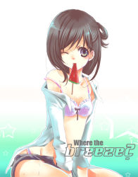 Rule 34 | 1girl, bad id, bad pixiv id, black hair, bra, food, kneeling, lingerie, mouth hold, ogura, one eye closed, open clothes, open shirt, popsicle, shirt, solo, underwear, wet, wink