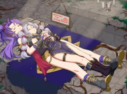 Rule 34 | 2girls, black dress, boots, bracelet, bridal gauntlets, closed eyes, closed mouth, covered navel, dress, fingerless gloves, fire emblem, fire emblem: genealogy of the holy war, fire emblem heroes, gloves, grey hair, highres, igni tion, jewelry, long hair, lying, lying on person, mother and daughter, multi-tied hair, multiple girls, nintendo, on back, pelvic curtain, ponytail, purple dress, purple hair, sleeping, smile, stone floor, sunlight, tailtiu (fire emblem), tine (fire emblem), twintails