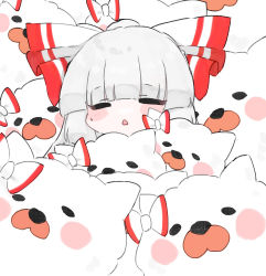 Rule 34 | 1girl, animal, animal ears, black eyes, blush, bow, closed eyes, closed mouth, colored skin, commentary request, dog, dog ears, fujiwara no mokou, grey hair, hair bow, highres, hime cut, koharu66353343, long hair, looking at viewer, multicolored bow, open mouth, ponytail, red bow, sweat, sweatdrop, touhou, white bow, white skin