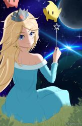 Rule 34 | 1girl, alternate costume, alternate hairstyle, blonde hair, blue eyes, blush, breasts, commentary, earth (planet), english commentary, from behind, galaxy, highres, long hair, looking at viewer, looking back, luma (mario), makeup, mario (series), moon, nintendo, planet, rosalina, solo, super mario galaxy, twitter username, yissou art