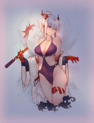 Rule 34 | 1girl, arknights, bare shoulders, breasts, cleavage, colored skin, covered navel, cropped legs, earrings, groin, hand fan, highres, holding, holding fan, horns, jewelry, large breasts, long hair, nian (arknights), one-piece swimsuit, pointy ears, ponytail, purple eyes, purple one-piece swimsuit, red skin, smile, solo, swimsuit, tail, white hair, yuchian