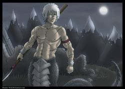 Rule 34 | 1boy, lamia, male focus, monster boy, monster girl, moon, mountain, nature, night, outdoors, polearm, ruins, scar, topless male, sky, snake, solo, spear, tagme, weapon, white hair