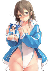 Rule 34 | 1girl, amamiya natsumi, blue eyes, blush, book, book focus, breasts, brown hair, competition swimsuit, cowboy shot, highres, holding, holding book, kekemotsu, large breasts, long hair, manga (object), non-web source, one-piece swimsuit, original, pornography, simple background, solo, swimsuit, swimsuit under clothes, white background
