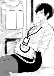 Rule 34 | 1girl, backpack, badge, bag, black bra, black hair, black skirt, blush, bra, bra peek, breasts, chair, cleavage, closed eyes, collared shirt, dress shirt, earrings, formal, greyscale, handbag, highres, id card, jewelry, lace, lace bra, lanyard, large breasts, legs together, miniskirt, monochrome, name tag, norman maggot, office lady, olive laurentia, original, pantyhose, partially unbuttoned, pencil skirt, pixie cut, shirt, short hair, sitting, skirt, sleeping, sleeves rolled up, solo focus, stud earrings, swept bangs, train, train interior, unbuttoned, underwear, white shirt