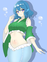 Rule 34 | 1girl, absurdres, adapted costume, blue background, blue eyes, blue hair, blush, breasts, bubble, closed mouth, fins, head fins, highres, large breasts, looking at viewer, mermaid, monster girl, navel, one-hour drawing challenge, shirokumall, short hair, simple background, smile, solo, touhou, upper body, wakasagihime