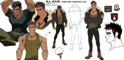 Rule 34 | 1boy, bara, biceps, black hair, character sheet, crossed arms, denim, highres, jacket, jeans, leather, leather belt, leather jacket, looking at viewer, male focus, manly, mature male, multicolored hair, muscular, muscular male, nioseptem, original, pants, pectorals, red hair, scar, scar on arm, scar on chest, scar on face, scar on nose, shirt, shoes, solo, t-shirt, tan, tank top, thick eyebrows