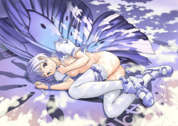 Rule 34 | 1girl, ass, blue eyes, blue hair, bracelet, breasts, bug, butterfly, butterfly wings, hanainu (orange bullet), insect, insect wings, jewelry, legs, matching hair/eyes, nipples, no panties, short hair, solo, thighhighs, wings