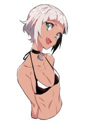 Rule 34 | 1girl, :d, bikini, bikini top only, blue eyes, breasts, choker, dark-skinned female, dark skin, fang, female focus, head tilt, highres, looking at viewer, nora (supernew), open mouth, original, short hair, silver hair, simple background, small breasts, smile, solo, supernew, swimsuit, upper body, white background