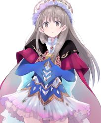 Rule 34 | 1girl, atelier (series), atelier lulua, atelier totori, blue gloves, brown eyes, brown hair, capelet, collared shirt, commentary, cosplay, dress, elbow gloves, formal, frills, gloves, headdress, looking at viewer, maromi (am97), mimi houllier von schwarzlang, mimi houllier von schwarzlang (cosplay), own hands together, shirt, simple background, solo, totooria helmold, white background
