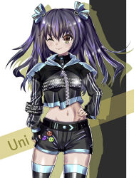 Rule 34 | 1girl, black hair, fingerless gloves, gloves, hair ribbon, hand on own hip, highres, jacket, legs, long hair, looking at viewer, midriff, navel, neptune (series), one eye closed, red eyes, ribbon, shorts, solo, thighs, twintails, uni (neptunia), wink