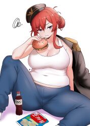 Rule 34 | 1girl, alternate body size, amogan, arm behind back, azur lane, blue pants, breasts, burger, cleavage, closed mouth, collarbone, commission, covered navel, feet out of frame, food, hair between eyes, hair bun, hair over one eye, hat, highres, holding, holding burger, holding food, large breasts, long hair, looking at viewer, monarch (azur lane), olympic rings, pants, pixiv commission, plump, purple eyes, red hair, sidelocks, simple background, single hair bun, sitting, solo, spread legs, squiggle, sweatdrop, taut clothes, thick thighs, thighs, white background