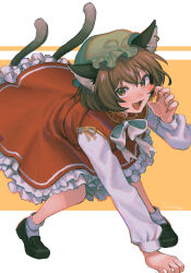 Rule 34 | 1girl, :3, :d, animal ear fluff, animal ears, arm up, black footwear, blush, bow, brown eyes, brown hair, cat ears, cat tail, chen, dress, earrings, fang, fingernails, frilled dress, frills, gold trim, green hat, hand on ground, hat, highres, jewelry, long fingernails, long sleeves, looking at viewer, mob cap, multiple tails, nail polish, nekomata, noriuma, open mouth, paw pose, red dress, red nails, sharp fingernails, short hair, smile, socks, solo, tail, touhou, twitter username, two tails