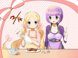 Rule 34 | 10s, 2girls, :&lt;, :d, alternate hairstyle, apron, bad id, bad pixiv id, baking, blonde hair, blue eyes, blush, bow, bowl, breasts, caitlin (pokemon), chocolate, cleavage, creatures (company), dated, elite four, flat chest, food, game freak, glasses, heart, highres, index finger raised, long hair, mixing bowl, multiple girls, nintendo, open mouth, orange eyes, parted bangs, pastry bag, plate, pointing, pointing up, poke ball, pokemon, pokemon bw, purple hair, ribbon, rimless eyewear, shauntal (pokemon), short hair, smile, twintails, valentine, very long hair, yuu (7862260010)