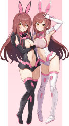 Rule 34 | 2girls, absurdres, animal ears, arm up, armpits, black footwear, black gloves, blush, boots, breasts, cleavage, clothing cutout, covered erect nipples, elbow gloves, fake animal ears, gloves, grin, hair between eyes, highres, idolmaster, idolmaster shiny colors, long hair, looking at viewer, mecha musume, medium breasts, multiple girls, navel, navel cutout, open mouth, osaki amana, osaki tenka, rabbit ears, rabbit girl, red hair, siblings, sisters, smile, standing, swept bangs, teeth, thigh boots, twins, v, wanimaru, white footwear, white gloves, yellow eyes