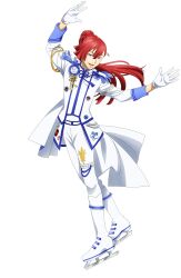 Rule 34 | 1boy, aiguillette, arm up, blue eyes, boots, epaulettes, full body, gloves, hand up, highres, ice skates, jacket, king of prism, king of prism: shiny seven stars, long hair, long sleeves, looking at viewer, male focus, official art, open mouth, pants, ponytail, pretty rhythm, pretty series, red hair, second-party source, simple background, skates, smile, solo, standing, tachi-e, tachibana yukinojou, transparent background, white footwear, white gloves, white jacket, white pants