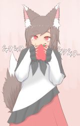 Rule 34 | 1girl, animal ears, apple, blouse, blush, brown hair, capelet, cube85, food, fruit, highres, imaizumi kagerou, long hair, long sleeves, red eyes, red skirt, shirt, skirt, tail, thick eyebrows, touhou, white shirt, wolf ears, wolf tail