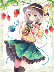 Rule 34 | 1girl, :q, black hat, black thighhighs, blush, collar, collared shirt, commentary request, floral print, flower, food, frilled collar, frills, fruit, green eyes, green skirt, hair between eyes, hat, heart, heart of string, highres, holding, komeiji koishi, looking at viewer, parfait, puffy short sleeves, puffy sleeves, rena (ke), ribbon, shirt, short sleeves, silver hair, skirt, solo, strawberry, thighhighs, third eye, tongue, tongue out, touhou, yellow ribbon, yellow shirt