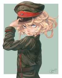 Rule 34 | 1girl, adjusting clothes, adjusting headwear, artist request, belt, blonde hair, blue eyes, dated, from behind, hat, highres, long sleeves, looking at viewer, military, military uniform, short hair, signature, simple background, smile, solo, tanya degurechaff, uniform, upper body, youjo senki