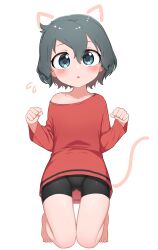 Rule 34 | 1girl, absurdres, animal ears, barefoot, bike shorts, black hair, black shorts, blue eyes, blush, cat ears, cat tail, chis (js60216), commentary, drawn ears, drawn tail, flying sweatdrops, full body, highres, kaban (kemono friends), kemono friends, kneeling, long sleeves, looking at viewer, off shoulder, parted lips, paw pose, red shirt, shirt, short hair, short shorts, shorts, solo, tail, thigh gap