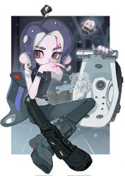 Rule 34 | 1boy, black footwear, black pants, bloblobber (splatoon), blood, blue hair, boots, border, commentary, commission, crop top, eyebrow cut, grey background, highres, holding, holding weapon, male focus, medium hair, navel, nintendo, octoling, octoling boy, octoling player character, outside border, p-pepper, pants, pink blood, red eyes, slosher (splatoon), solo, splatoon (series), splatoon 3, tentacle hair, watermark, weapon, white border