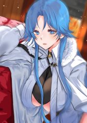 Rule 34 | 1girl, absurdres, azur lane, blue eyes, blue hair, breasts, coat, hand on own head, highres, large breasts, lips, long hair, looking at viewer, open clothes, open coat, open mouth, sankyo (821-scoville), simple background, solo, sovetskaya belorussiya (azur lane), underboob, white coat