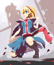 Rule 34 | 1girl, alice margatroid, blonde hair, boots, capelet, female focus, lance, panties, pantyshot, polearm, puppet strings, shadow, shanghai doll, short hair, solo, squatting, string, striped clothes, striped panties, tatwuku, touhou, underwear, weapon