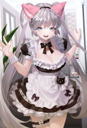 Rule 34 | 1girl, animal ears, apron, bell, black dress, blue eyes, bow, breasts, cake, cleavage, detached collar, dress, fake animal ears, food, fox ears, frilled apron, frills, highres, indoors, long hair, looking at viewer, maid, maid apron, medium breasts, neck bell, original, oto1 030, puffy short sleeves, puffy sleeves, short sleeves, solo, thigh strap, twintails, waist apron, white apron, white hair