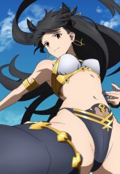 Rule 34 | 1girl, :3, artist request, bangle, black hair, blue sky, blue thighhighs, blush, bracelet, breasts, bridal gauntlets, cameltoe, closed mouth, cloud, commentary request, curvy, day, earrings, fate/grand order, fate (series), from below, gloves, highres, hoop earrings, ishtar (fate), jewelry, large breasts, legs apart, long hair, looking at viewer, red eyes, single glove, single thighhigh, sky, smile, solo, stomach, thighhighs, thighs, thong, tiara, twintails