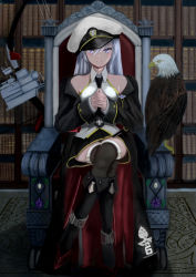 Rule 34 | absurdres, azur lane, bare shoulders, bird, black jacket, boots, bow, breasts, crossed legs, eagle, enterprise (azur lane), grim (azur lane), hair between eyes, hat, highres, jacket, library, long hair, looking at viewer, medium breasts, necktie, off shoulder, open clothes, own hands together, purple eyes, serious, shirataki yaen, sitting, thighhighs, throne, white hair