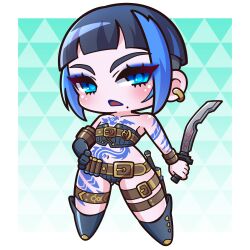 Rule 34 | 1girl, absurdres, arm tattoo, bare shoulders, belt, belt buckle, black hair, blue eyes, blue eyeshadow, blue gloves, blue hair, blue lips, blush, boots, brown belt, buckle, character request, chibi, collarbone, commentary request, ear piercing, elbow gloves, eyeshadow, full body, gloves, grey footwear, hand on own hip, highres, holding, holding sword, holding weapon, knee boots, leg tattoo, looking at viewer, makeup, mole, mole under mouth, multicolored hair, navel, open mouth, piercing, saga emerald beyond, saishosaisekojo, short hair, single glove, solo, standing, stomach tattoo, streaked hair, sword, tattoo, thick eyebrows, weapon
