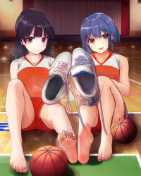 Rule 34 | 2girls, absurdres, ball, bare legs, barefoot, basketball, basketball (object), basketball uniform, black hair, blue hair, blunt bangs, commentary request, eyelashes, feet, grey eyes, gym, head tilt, highres, holding, indoors, knee up, knees up, legs, long hair, looking at viewer, lumina (artist), multiple girls, no socks, open mouth, original, outstretched arm, red shorts, shadow, shirt, shoes, short hair, shorts, sidelocks, sitting, sleeveless, sleeveless shirt, smell, smile, sneakers, soles, sportswear, steaming body, teeth, toenails, toes, unworn shoes, upper teeth only