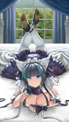 Rule 34 | 1girl, absurdres, aqua hair, azur lane, bad id, bad pixiv id, black hair, blue eyes, blunt bangs, breasts, cheshire (azur lane), cleavage, fang, highres, indoors, large breasts, looking at viewer, lying, maid headdress, multicolored hair, on stomach, smile, solo, ssshousha, streaked hair, the pose, thighhighs, white thighhighs, window