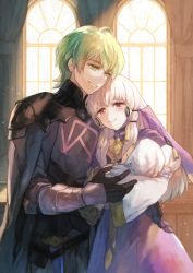 Rule 34 | 1boy, 1girl, 1other, atsumu, baby, blush, byleth (fire emblem), byleth (male) (fire emblem), crying, dress, fire emblem, fire emblem: three houses, green eyes, green hair, hair ribbon, highres, holding, holding person, husband and wife, if they mated, long hair, long sleeves, lysithea von ordelia, matching hair/eyes, nintendo, pink eyes, purple dress, ribbon, short hair, sidelocks, smile, tears, white hair