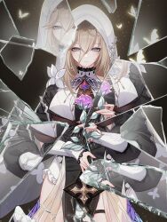 Rule 34 | 1girl, absurdres, aponia (honkai impact), black background, black dress, blonde hair, blue eyes, breasts, broken glass, bug, butterfly, butterfly wings, chinese commentary, closed mouth, commentary request, cowboy shot, dress, flower, frills, glass, hair between eyes, highres, holding, holding flower, honkai (series), honkai impact 3rd, insect, insect wings, large breasts, light particles, long bangs, long hair, long sleeves, looking at viewer, m78 zaitaoaotezhanshi, mole, mole under eye, nun, pelvic curtain, purple flower, reflection, rose, smile, solo, thigh strap, veil, wings
