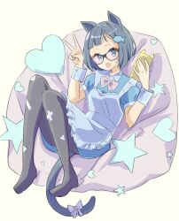 Rule 34 | 1girl, absurdres, animal ears, apron, black hair, black pantyhose, blue apron, blue dress, blue wrist cuffs, bob cut, bow, bowtie, cat ears, cat tail, cellphone, commentary request, dress, fang, fish hair ornament, glasses, hair ornament, halftone, heart, highres, holding, holding phone, jyoji00, open mouth, original, pantyhose, phone, pink bow, pink bowtie, puffy short sleeves, puffy sleeves, purple bow, short hair, short sleeves, simple background, smartphone, solo, star (symbol), tail, tail bow, tail ornament, v, white background, wrist cuffs