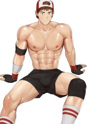 Rule 34 | 1boy, abs, absurdres, armband, backwards hat, bandaged arm, bandages, bara, baseball cap, beom liben, black gloves, black shorts, bracelet, brown eyes, brown hair, bulge, fingerless gloves, gloves, hat, highres, jewelry, knee pads, kneehighs, large pectorals, looking at viewer, male focus, muscular, muscular male, naoki (xhju8282), navel, navel hair, nipples, original, pectorals, short hair, shorts, single knee pad, sitting, smile, socks, solo, spiked bracelet, spikes, thick thighs, thighs, topless male, white background