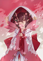 Rule 34 | 1girl, ahoge, brown hair, chinese clothes, demon girl, flower, fy fei xiao ya, hair between eyes, hair flower, hair ornament, head tilt, highres, horns, looking at viewer, oni horns, onmyoji, parted lips, peach blossom, pink flower, pink theme, pointy ears, red eyes, short eyebrows, sleeves past wrists, solo, tao hua yao, wide sleeves