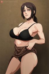 Rule 34 | 1girl, ass, bow, bow bra, bra, breasts, brown eyes, brown hair, clothes lift, collarbone, krabbytheartist, lifting own clothes, light smile, looking at viewer, panties, panty peek, pieck finger, ponytail, shingeki no kyojin, simple background, skirt, skirt lift, solo, thighs, underwear
