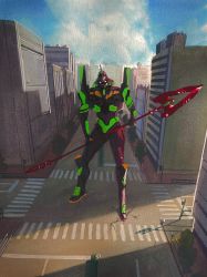 Rule 34 | absurdres, building, city, cloud, crack, cracked floor, crosswalk, day, eva 01, evangelion: 3.0+1.0 thrice upon a time, foliage, full body, glowing, glowing eyes, highres, holding, holding lance, holding polearm, holding weapon, horns, lance, looking at viewer, mecha, neon genesis evangelion, no humans, outdoors, painting (medium), polearm, rebuild of evangelion, road, robot, ryusei hashida, sidewalk, single horn, sky, standing, street, traditional media, traffic light, watercolor (medium), weapon