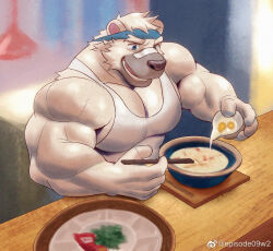 Rule 34 | 1boy, bandaid, bandaid on face, bandaid on nose, bara, bear boy, ben (rollingstonex6), borrowed character, bowl, chopsticks, ep06, food request, furry, furry male, happy, headband, holding, holding chopsticks, large pectorals, male focus, mature male, muscular, muscular male, original, pectoral cleavage, pectorals, short hair, smile, solo, table, tank top, upper body, white hair, white tank top