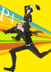 Rule 34 | 1boy, 1girl, androgynous, atlus, bad id, bad pixiv id, belt, blue hair, cabbie hair, cabbie hat, carrying, cho001, clenched teeth, crossdressing, hat, open mouth, pants, persona, persona 4, popped collar, reverse trap, running, scar, shirogane naoto, short hair, shoulder carry, sitting, sitting on shoulder, sitting on shoulders, skull and crossbones, striped, striped background, tatsumi kanji, teeth