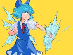 Rule 34 | 1girl, blue bow, blue eyes, blue hair, blue skirt, blue vest, bow, cirno, clenched hand, collared shirt, commentary request, cowboy shot, flat chest, grin, hair bow, ice, ice wings, kijima (amayadori-tei), neck ribbon, puffy short sleeves, puffy sleeves, red ribbon, ribbon, shirt, short hair, short sleeves, simple background, skirt, smile, solo, touhou, vest, white shirt, wings, yellow background