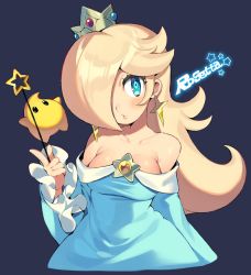 Rule 34 | 1girl, bare shoulders, blonde hair, blue dress, blue eyes, blush, breasts, character name, collarbone, commentary, cropped torso, crown, dress, earrings, hair over one eye, hand up, holding, holding wand, iroyopon, jewelry, lips, long hair, long sleeves, looking to the side, luma (mario), mario (series), nintendo, parted lips, rosalina, simple background, star (symbol), super mario galaxy, wand